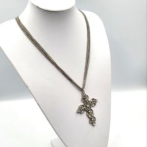Silver & Rhinestone Cross Pendant on Multi-Strand Silver Chain